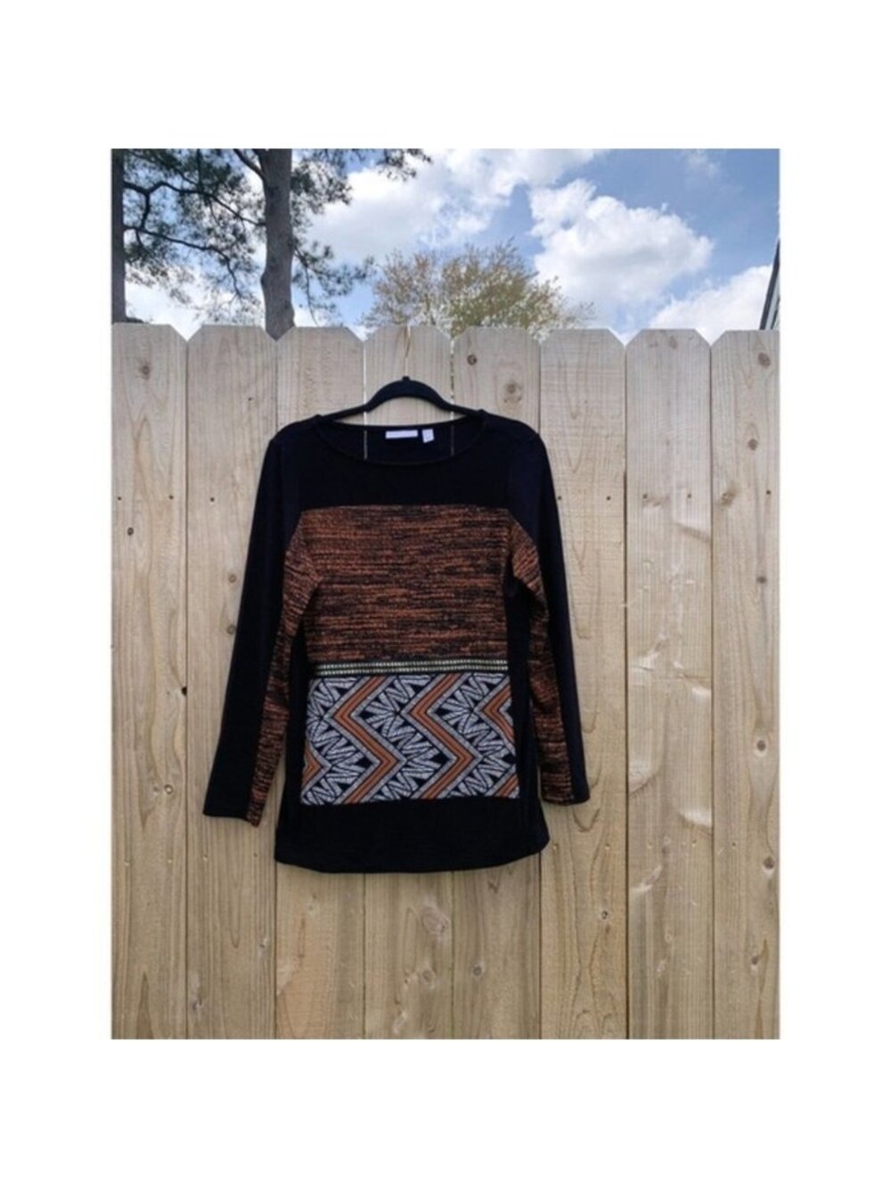 Susan Graver Longsleeve Black/Rust/Cream Print Womens Shirt Sz Xs geometric‎